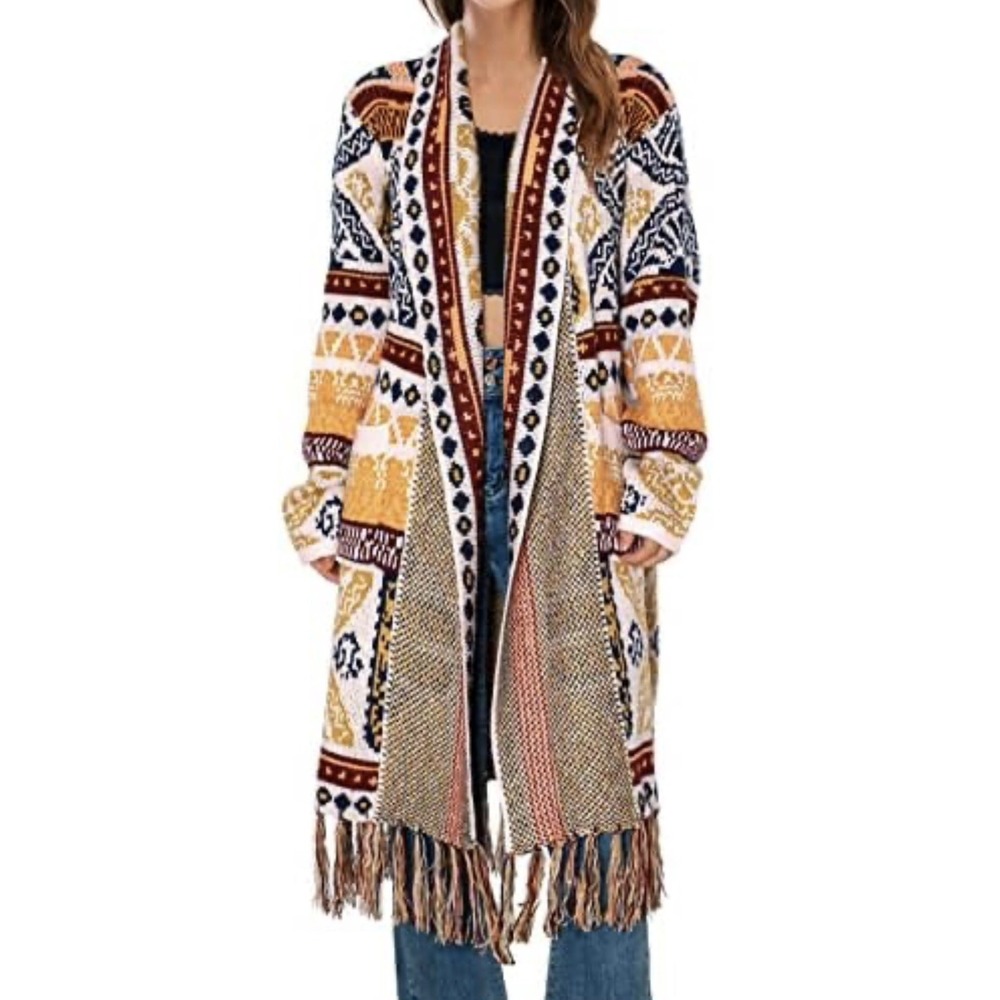 Duster Cardigan Southwestern Pattern CGYY Full Length Tasseled Wm Sz M Bohemian